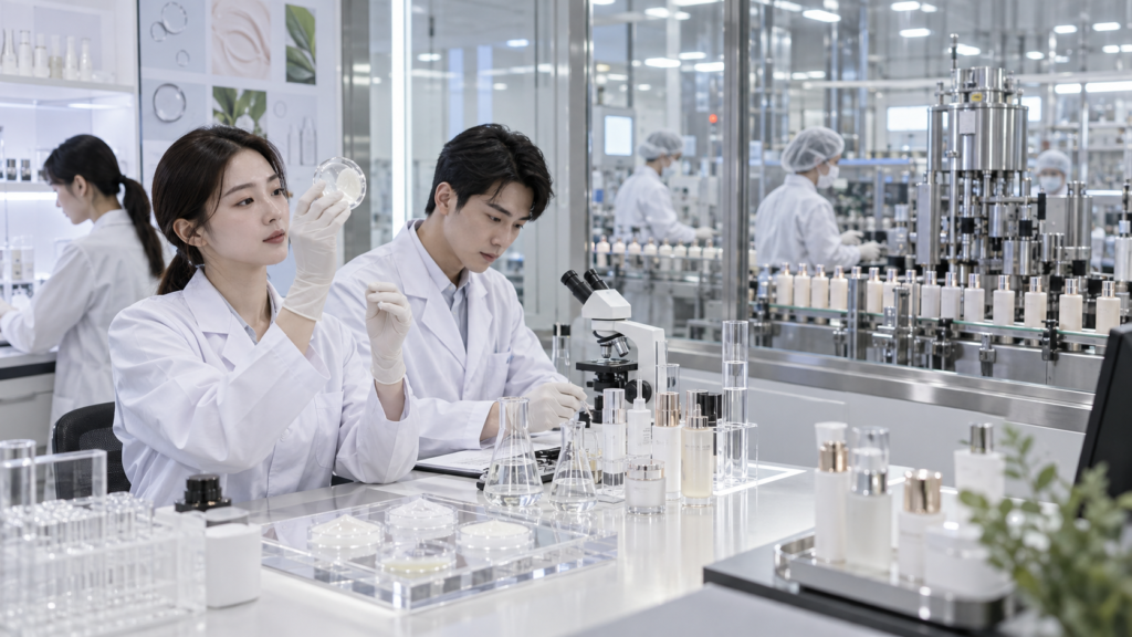 Cosmetics researchers working beside a skincare manufacturing line in a Korean ODM facility