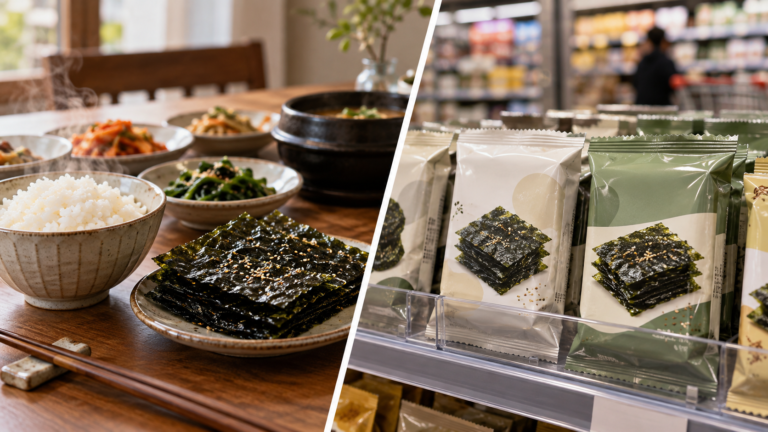 Korean gim served with rice at a home meal compared with packaged seaweed snacks sold in a supermarket