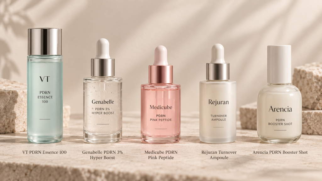 Illustrative lineup representing VT, Genabelle, Medicube, Rejuran Cosmetics and Arencia PDRN skincare products