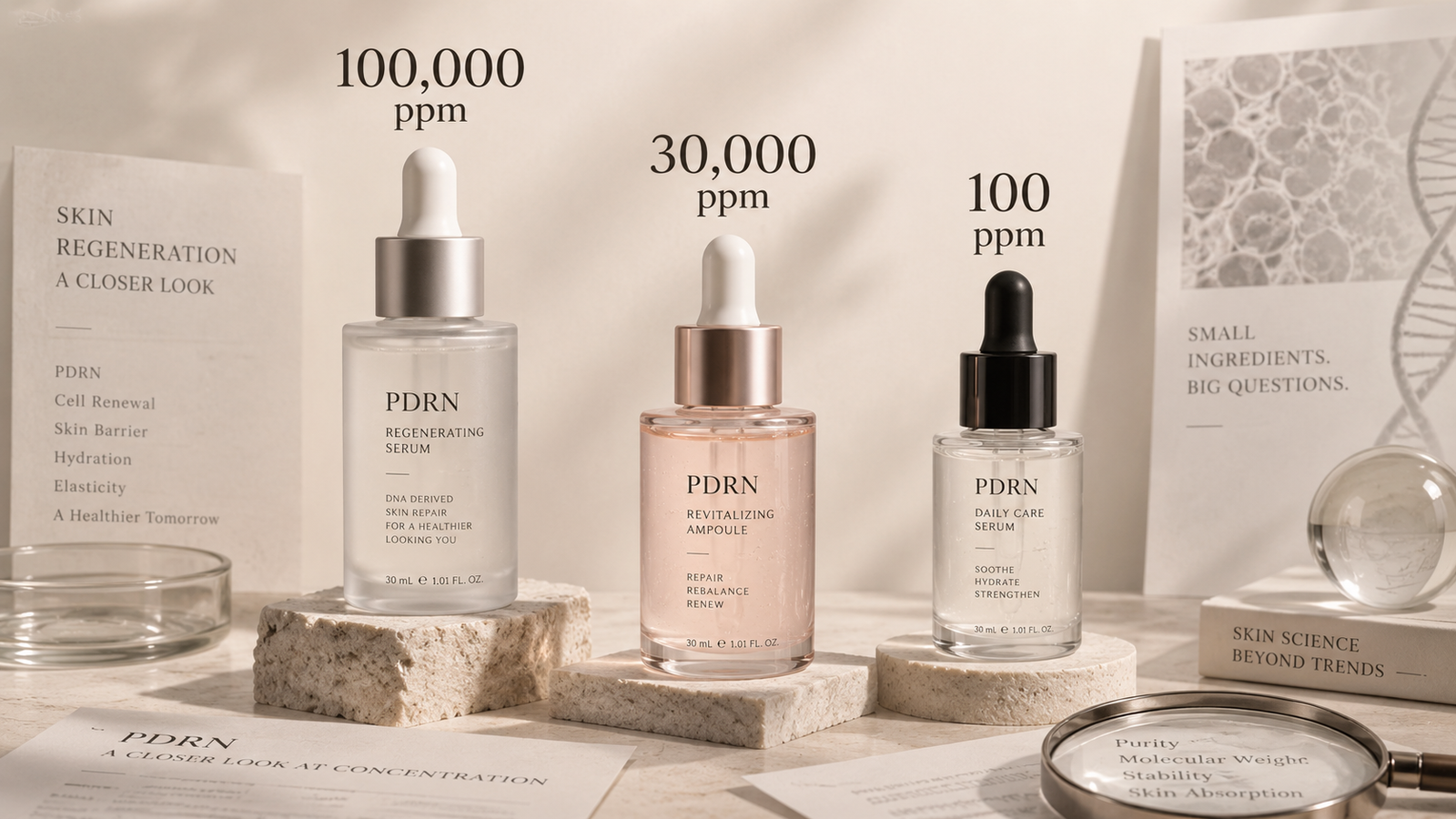 Three Korean PDRN skincare serums with different advertised ppm figures