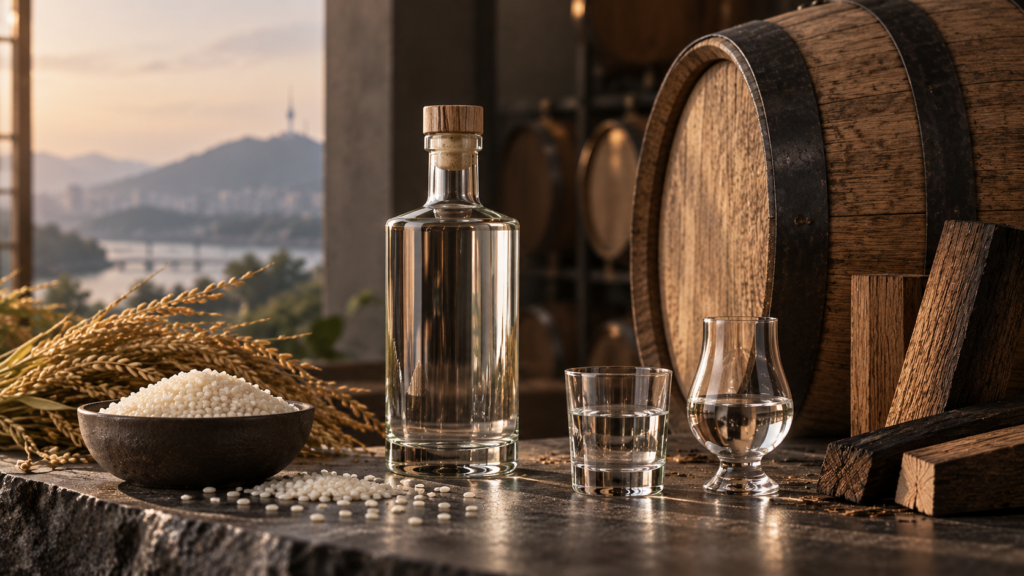 Korean rice spirit beside rice and oak barrels