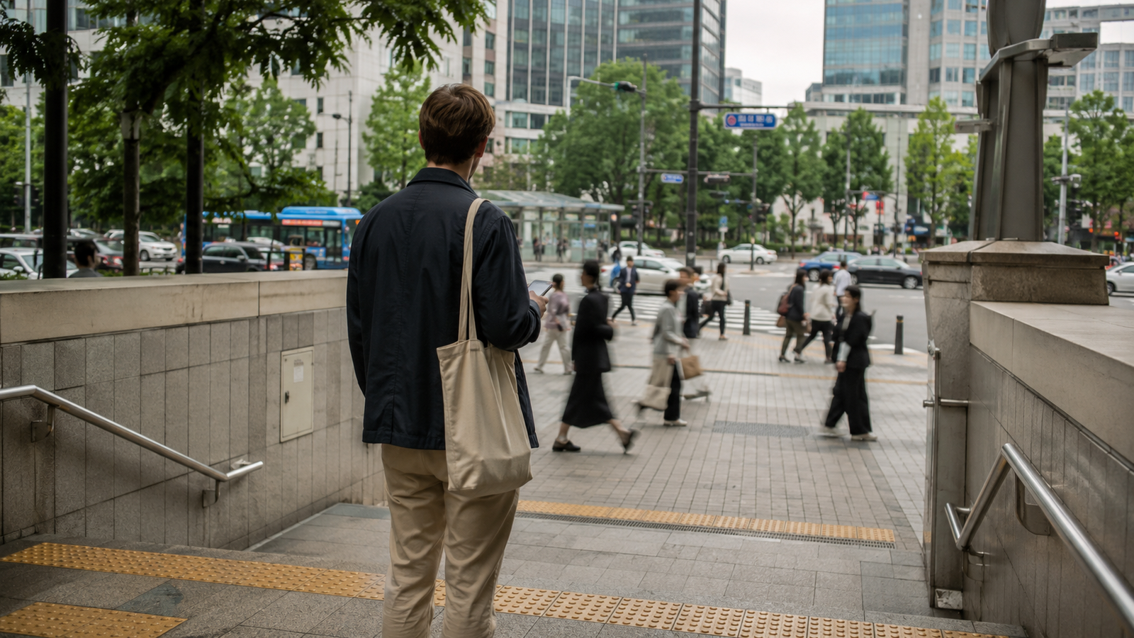 A resident standing near a busy Seoul subway entrance as commuters pass by