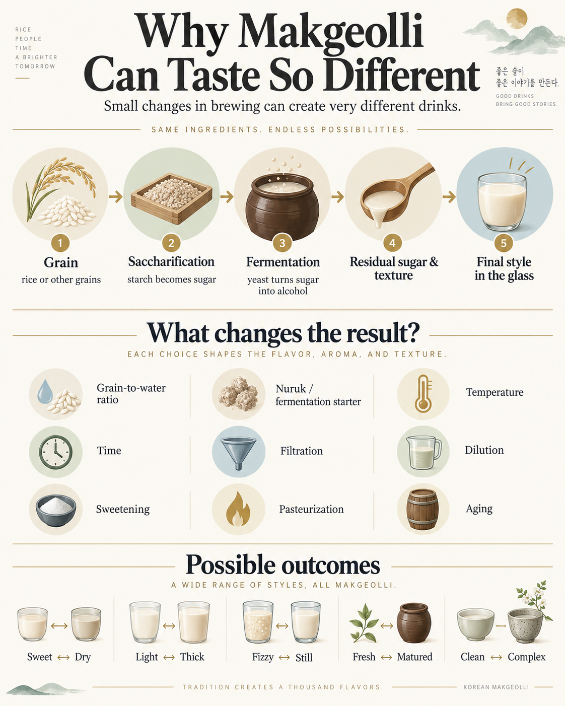 Infographic titled Why Makgeolli Can Taste So Different, showing the chain from grain to saccharification to fermentation to residual sugar and texture to final style, along with the variables that shape the result and the range of possible outcomes such as sweet to dry, light to thick, and fizzy to still