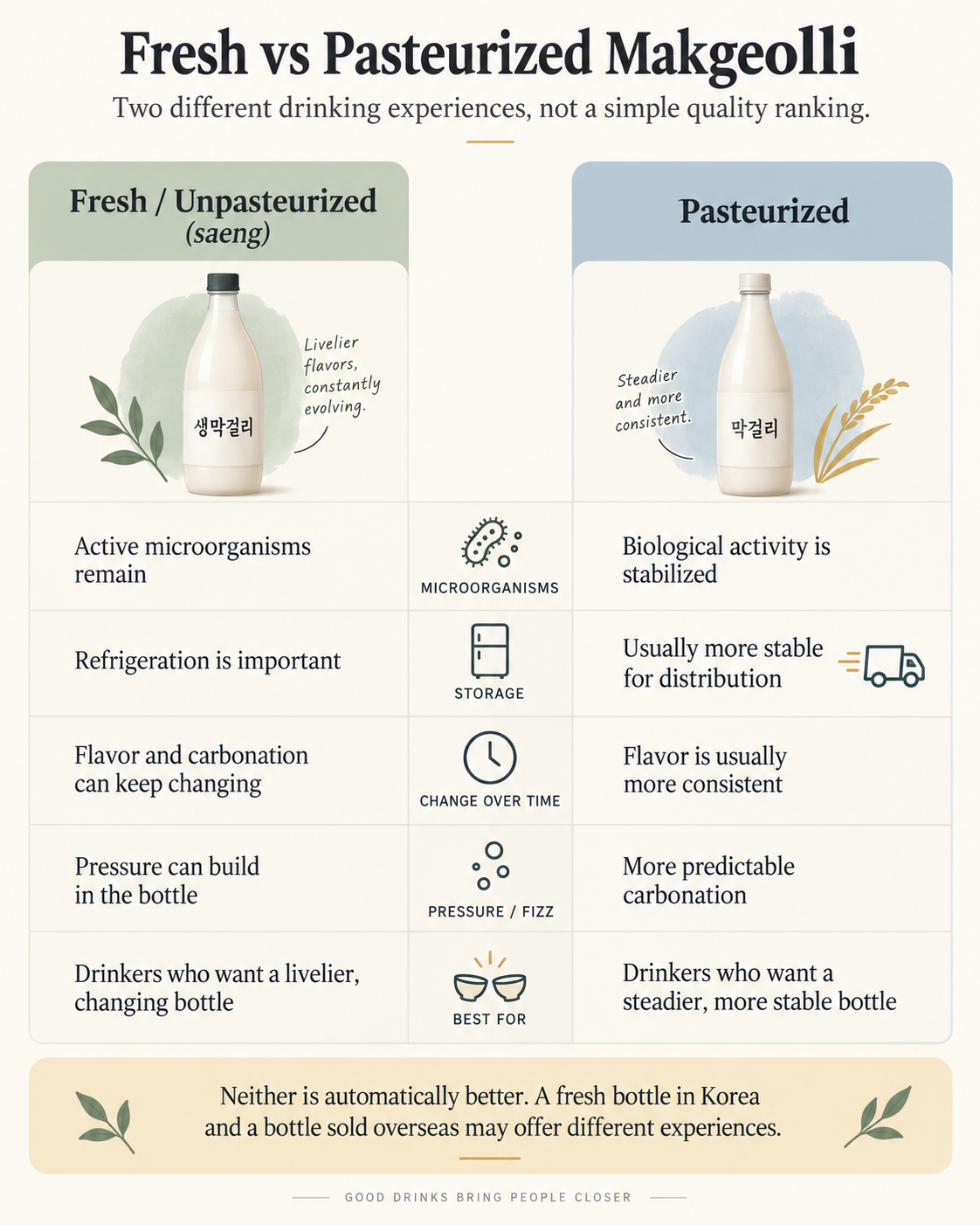 Infographic comparing fresh unpasteurized saeng makgeolli and pasteurized makgeolli across active microorganisms, refrigeration needs, flavor change over time, carbonation and who each style suits best