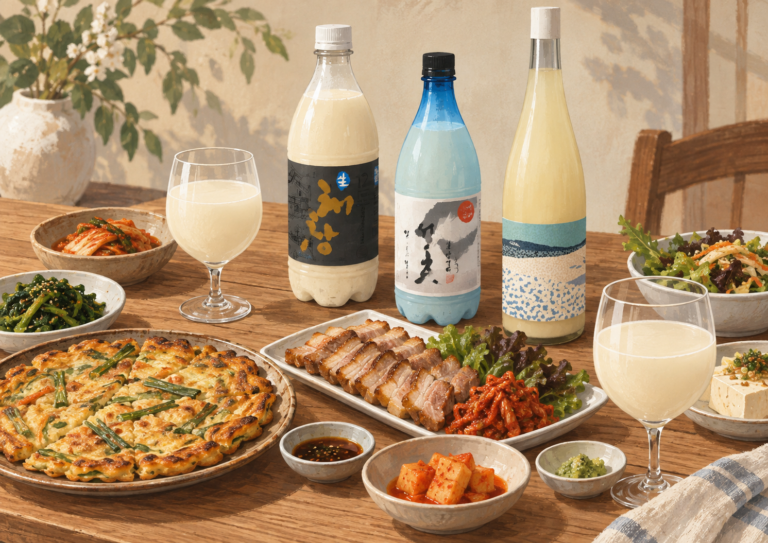 What is makgeolli? Korean makgeolli served with pajeon and banchan on a wooden table