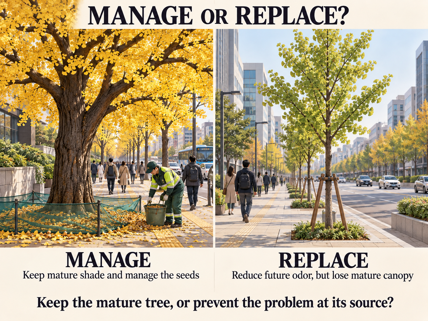 The choice between managing mature female ginkgo trees and replacing them