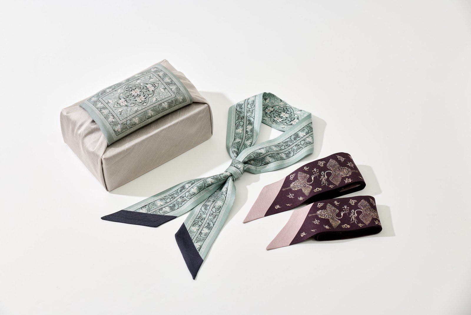 Mini silk scarf printed with heritage motifs from The Bojagi with Seasons