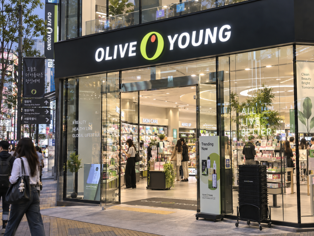 Olive Young beauty store in Seoul with shoppers browsing Korean skincare products