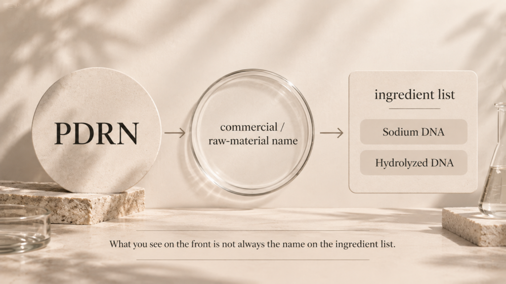 Diagram showing PDRN commercial raw-material names appearing as Sodium DNA or Hydrolyzed DNA on cosmetic ingredient lists