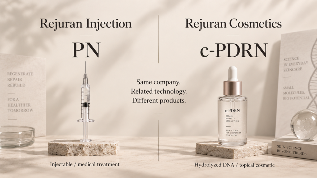 Diagram comparing Rejuran PN injectable treatment with Rejuran Cosmetics c-PDRN skincare