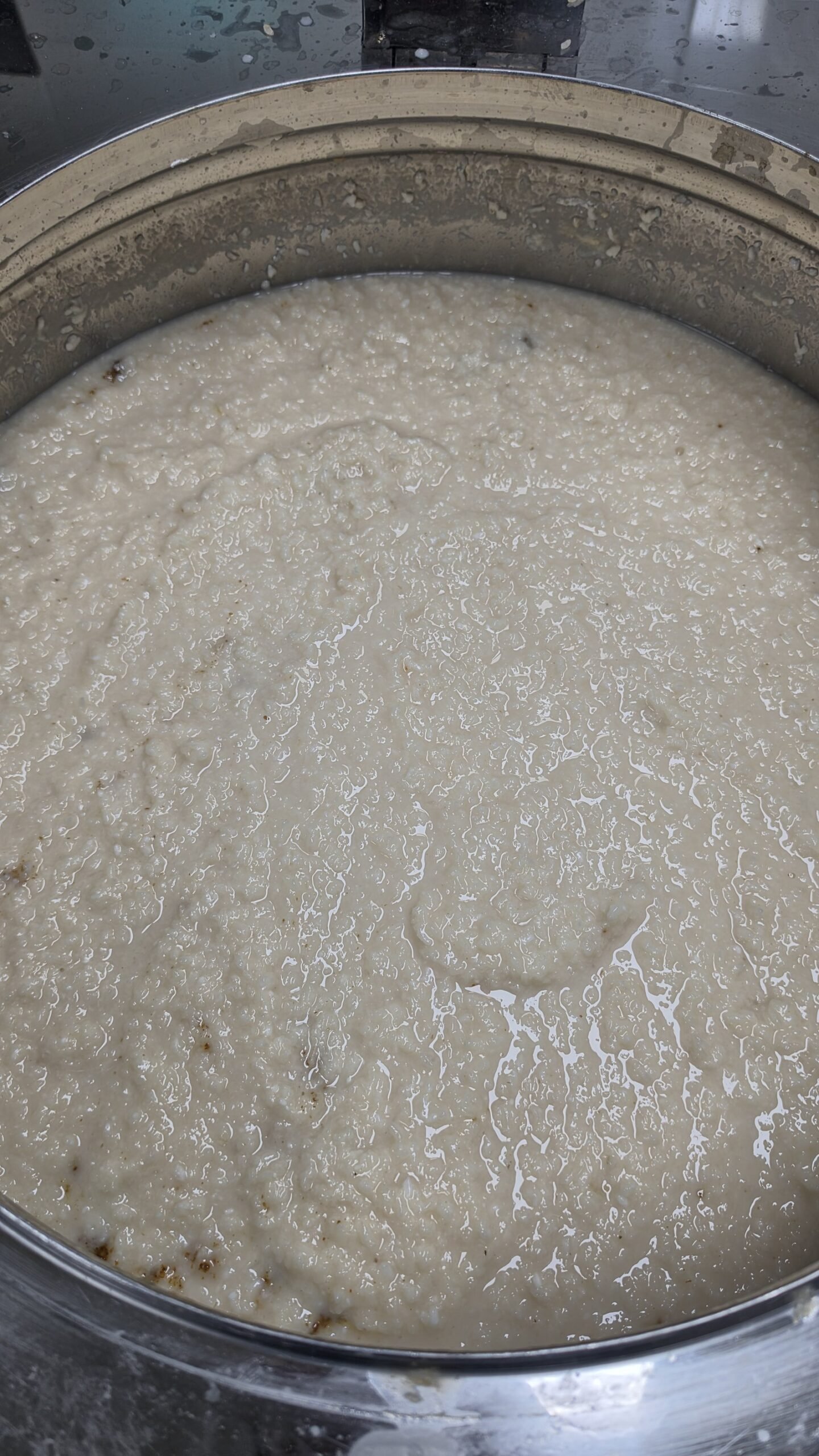 Close-up of fermenting rice mash inside a fermentation vessel at Sangsunjujo