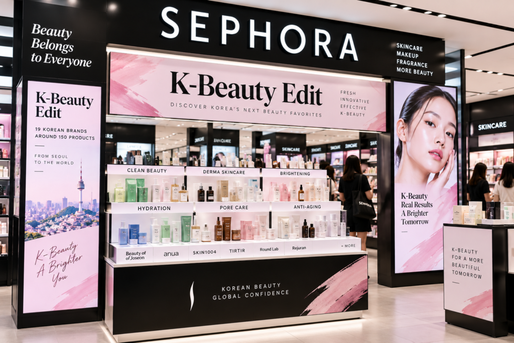 K-beauty product display inside a Sephora-style retail environment
