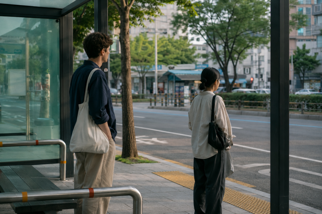 Two strangers waiting quietly at a Seoul bus stop without speaking