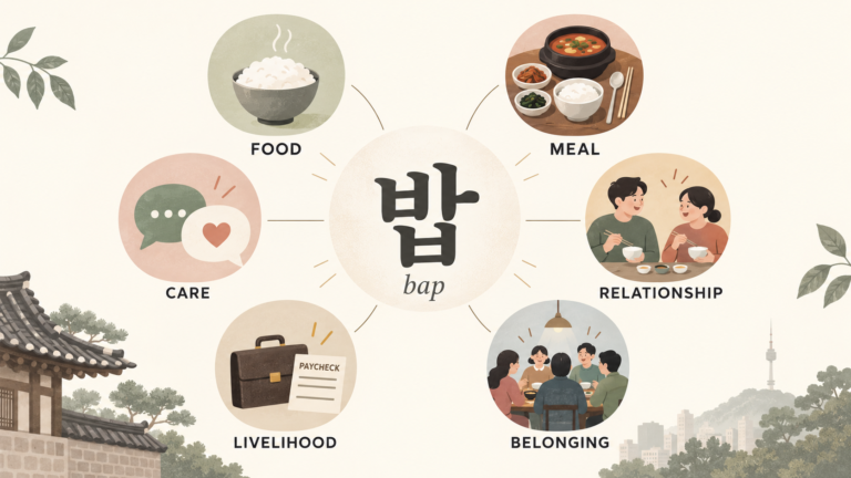 밥 (bap) meaning map showing food, meal, care, relationships, livelihood and belonging in Korean