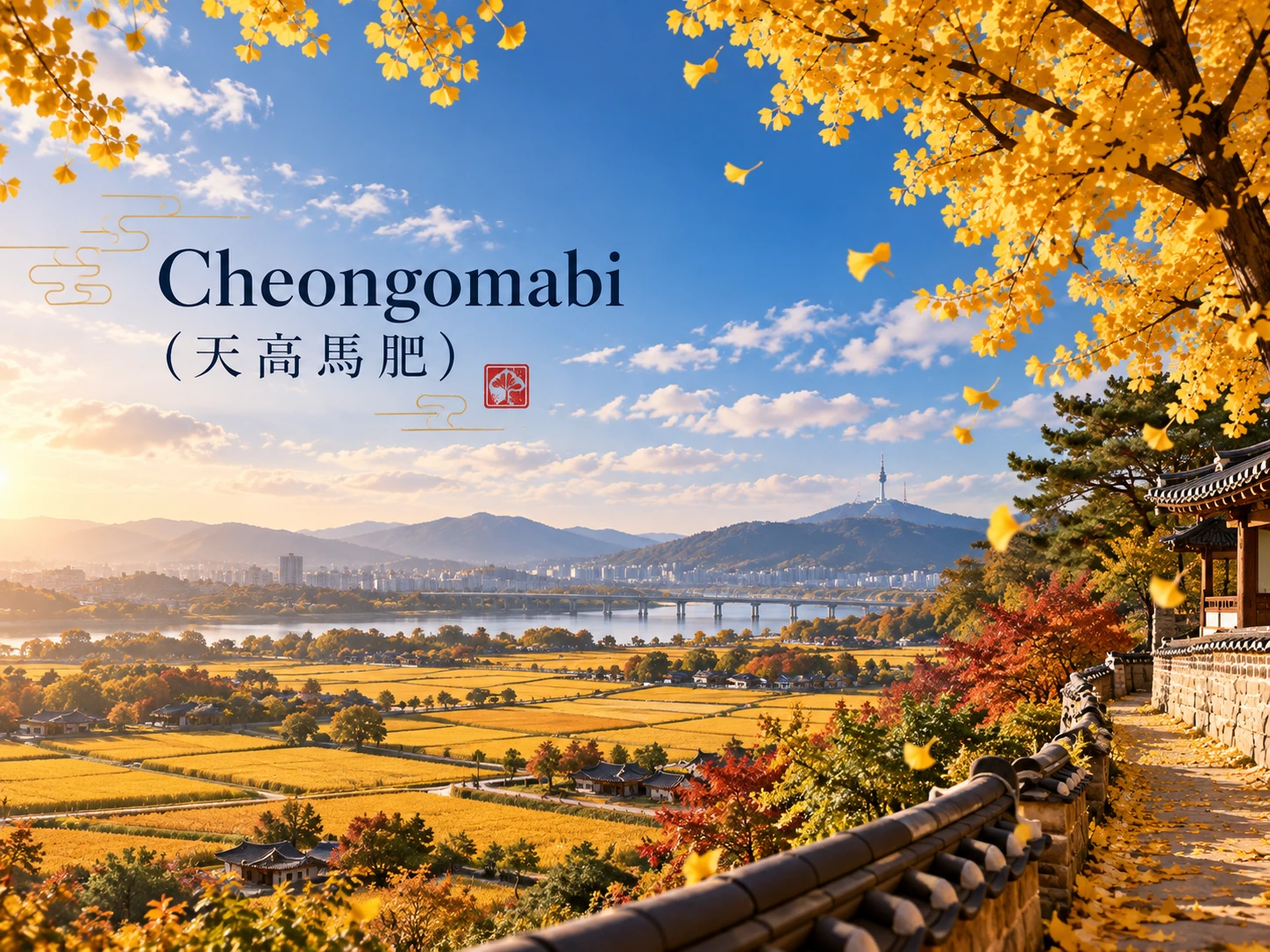 Autumn landscape illustrating cheongomabi with a high blue sky, golden rice fields and ginkgo leaves