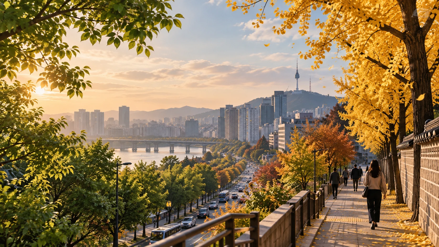 Autumn cityscape in Seoul with ginkgo trees, the Han River and N Seoul Tower at golden hour