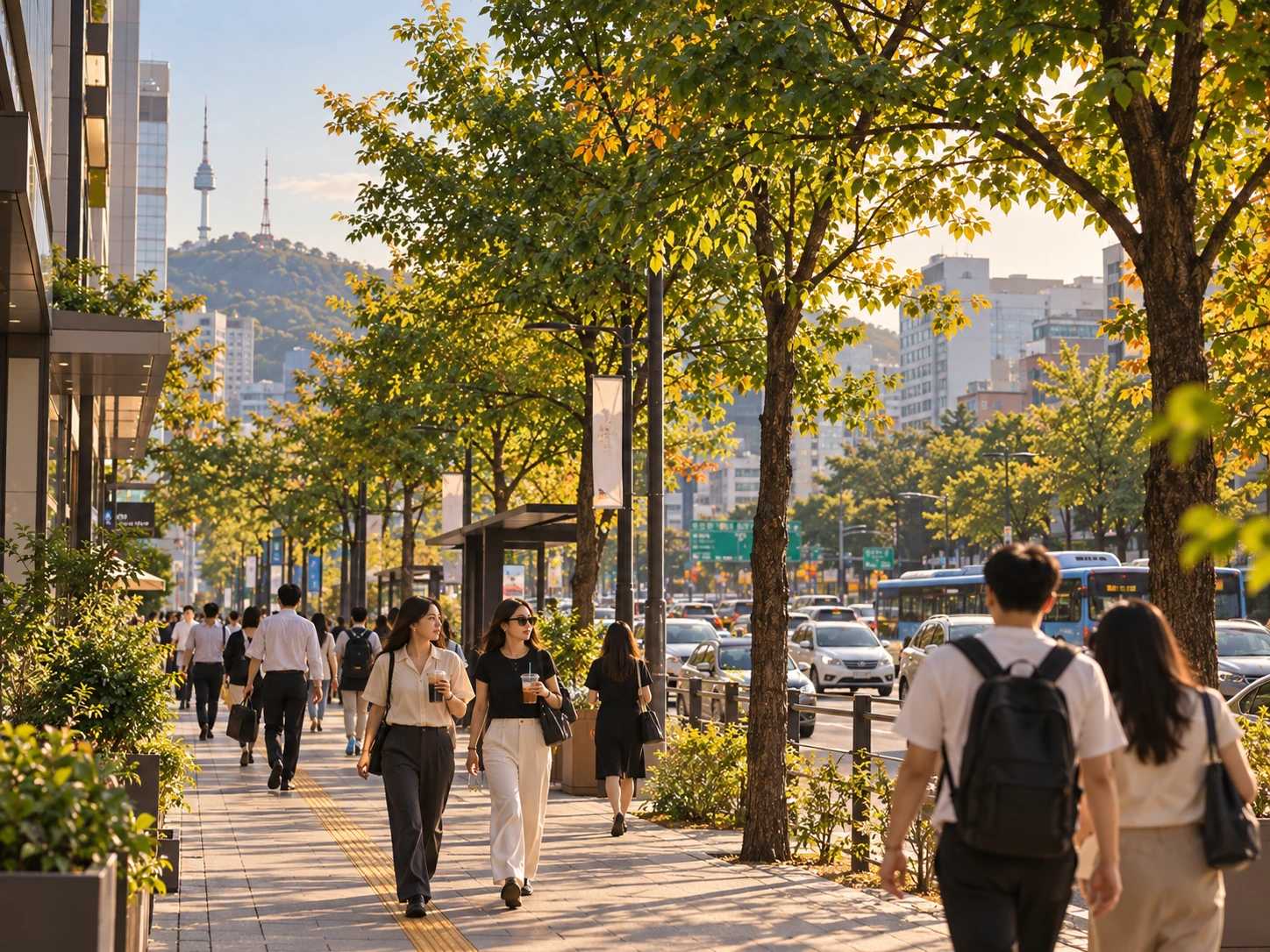 Seoul street in September with mostly green trees and warm late-summer light