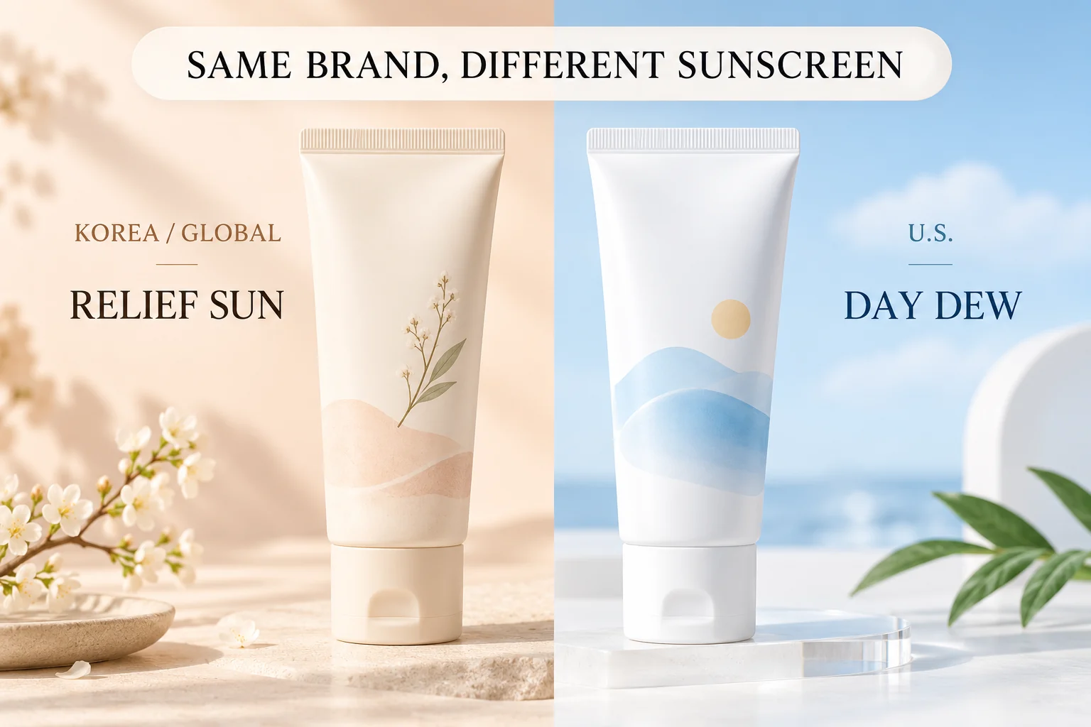 Beauty of Joseon Relief Sun (Korea and global version) next to Day Dew Sunscreen (U.S. version)