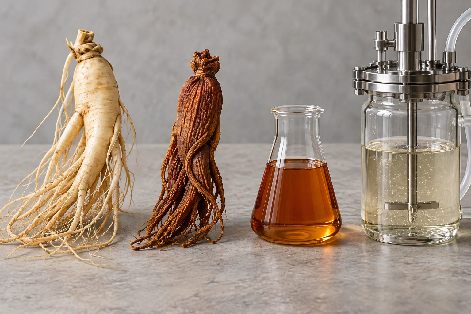 Fresh ginseng, dried red ginseng, an amber extract and a laboratory fermentation vessel