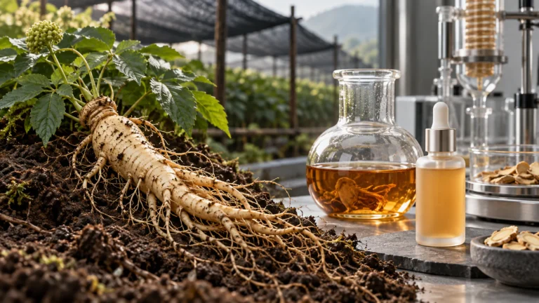 Fresh ginseng root beside an amber extract and an unbranded skincare bottle in a modern laboratory setting