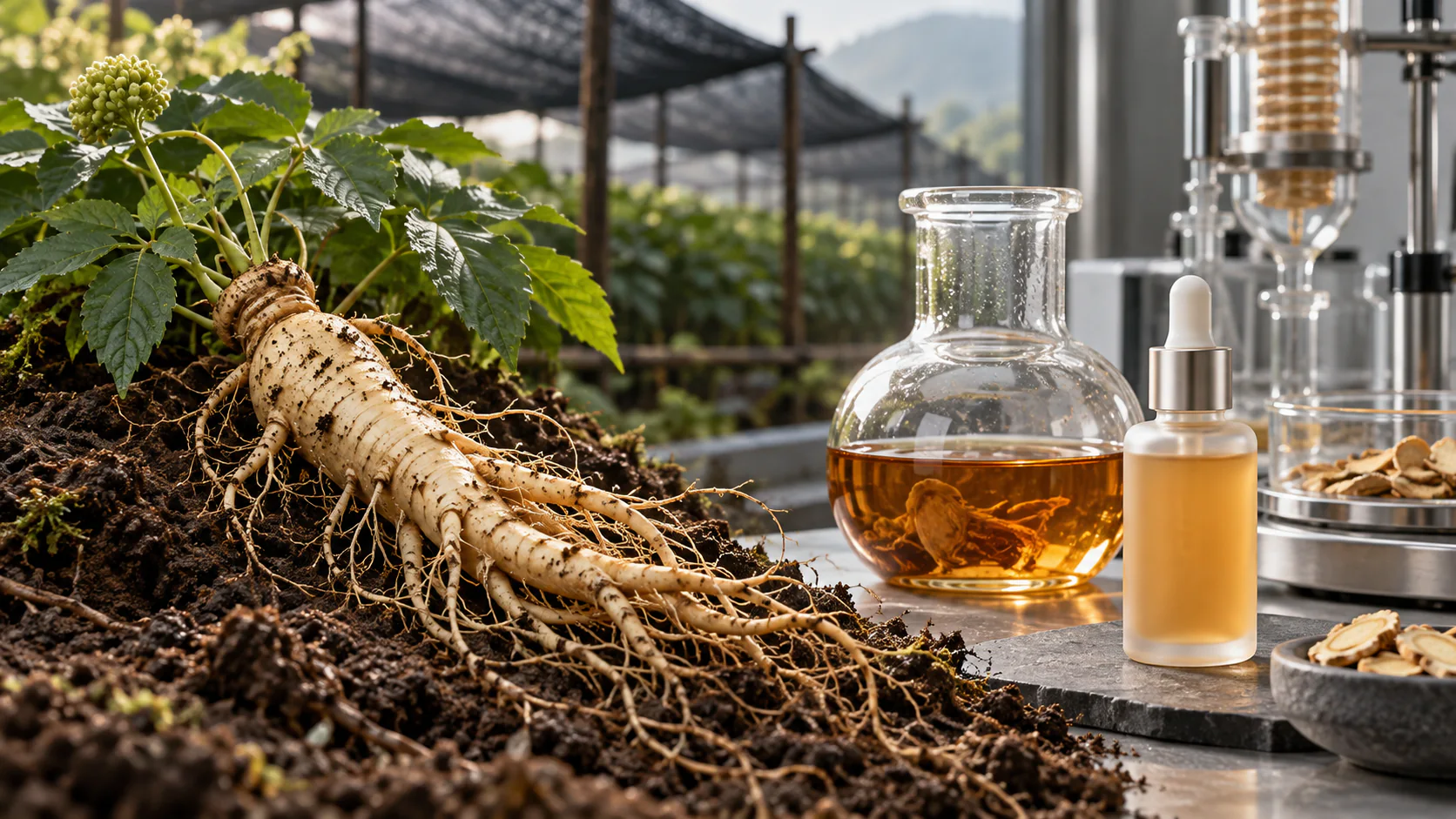 Fresh ginseng root beside an amber extract and an unbranded skincare bottle in a modern laboratory setting