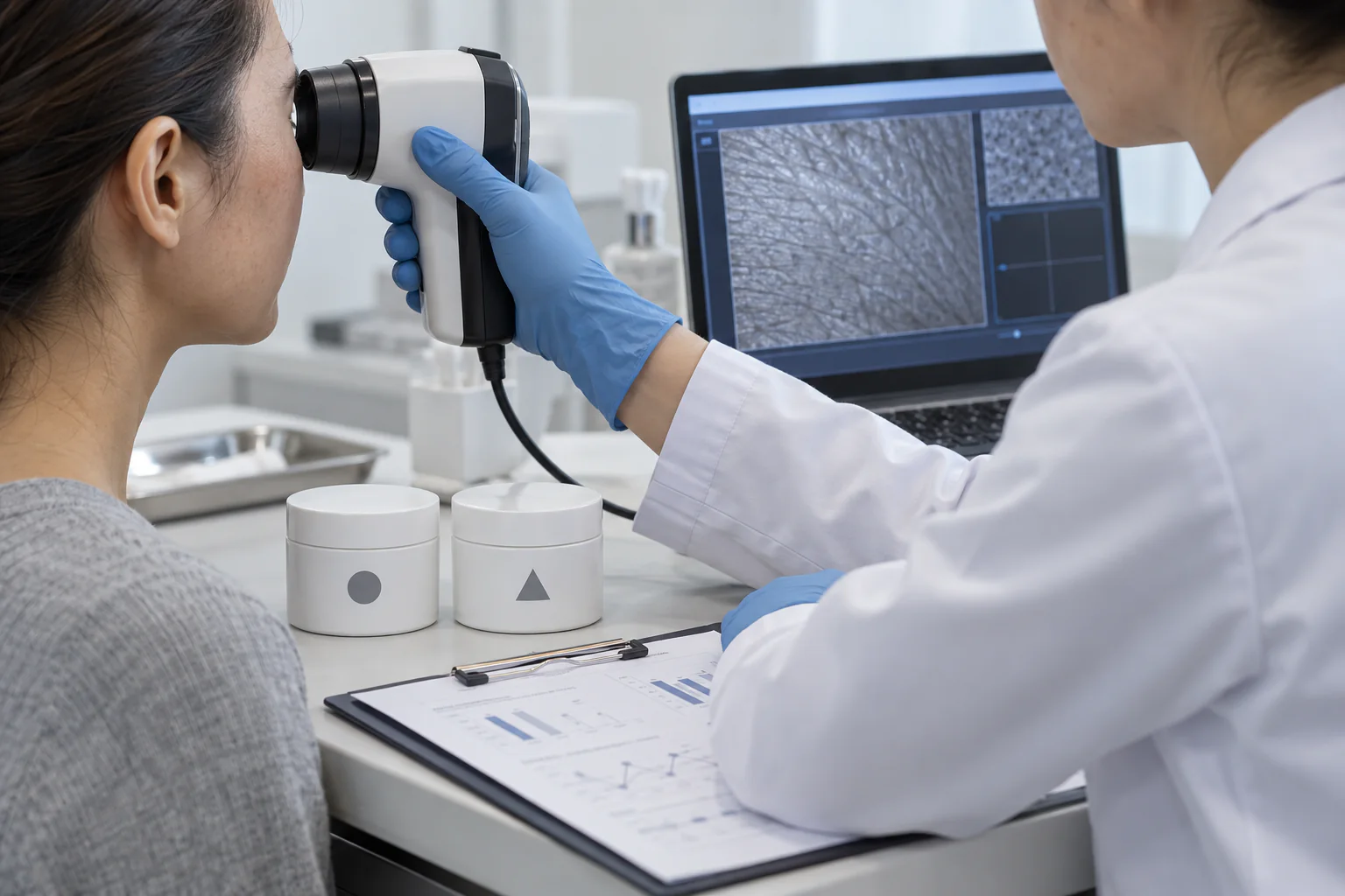 A researcher measures the eye area of a volunteer beside two coded test creams