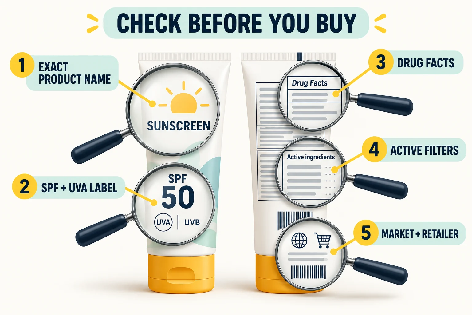 Checklist for telling which sunscreen version you are buying: product name, SPF and UVA labeling, Drug Facts, active filters, retailer, and packaging changes