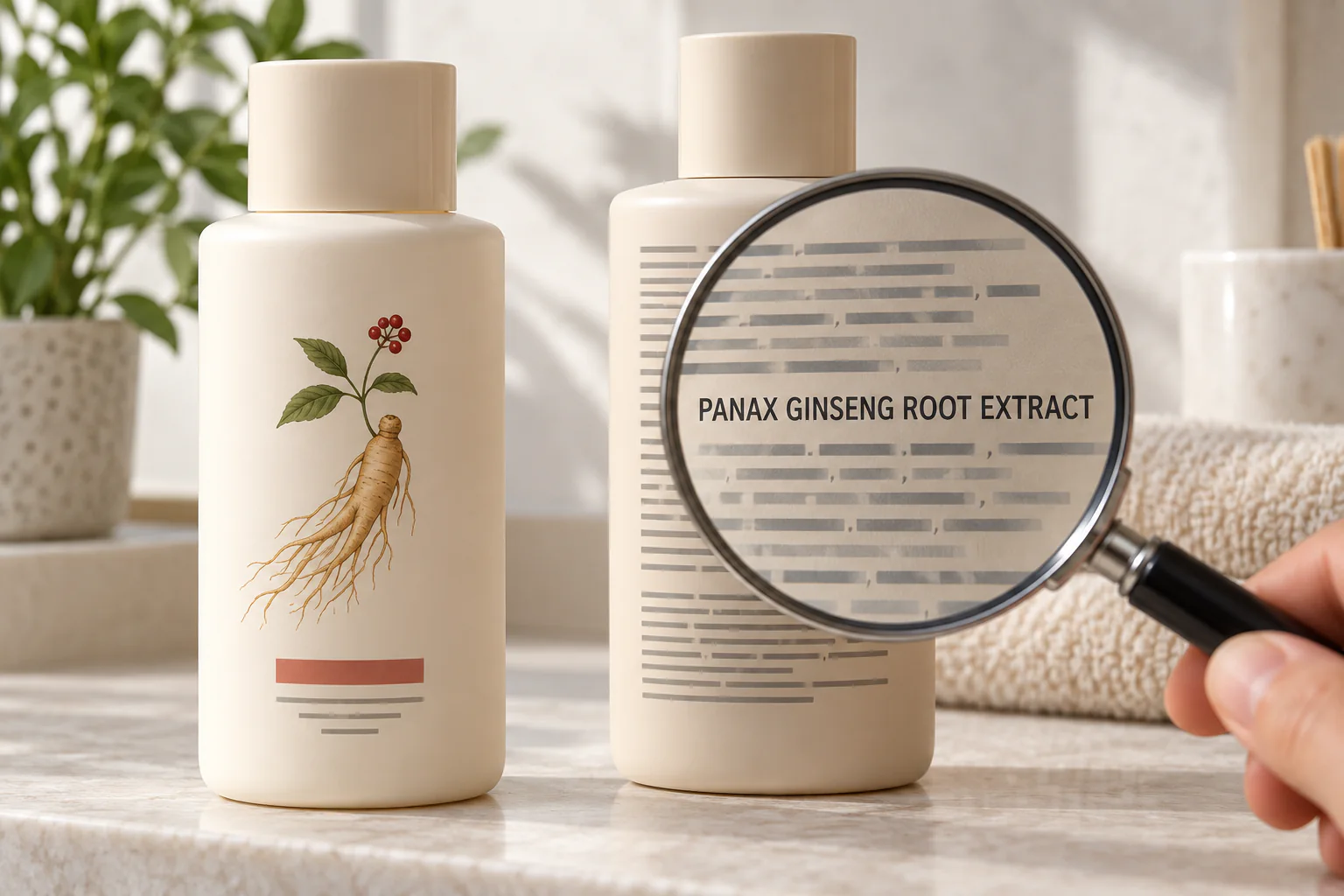 Two unbranded skincare bottles with Panax Ginseng Root Extract enlarged under a magnifying glass
