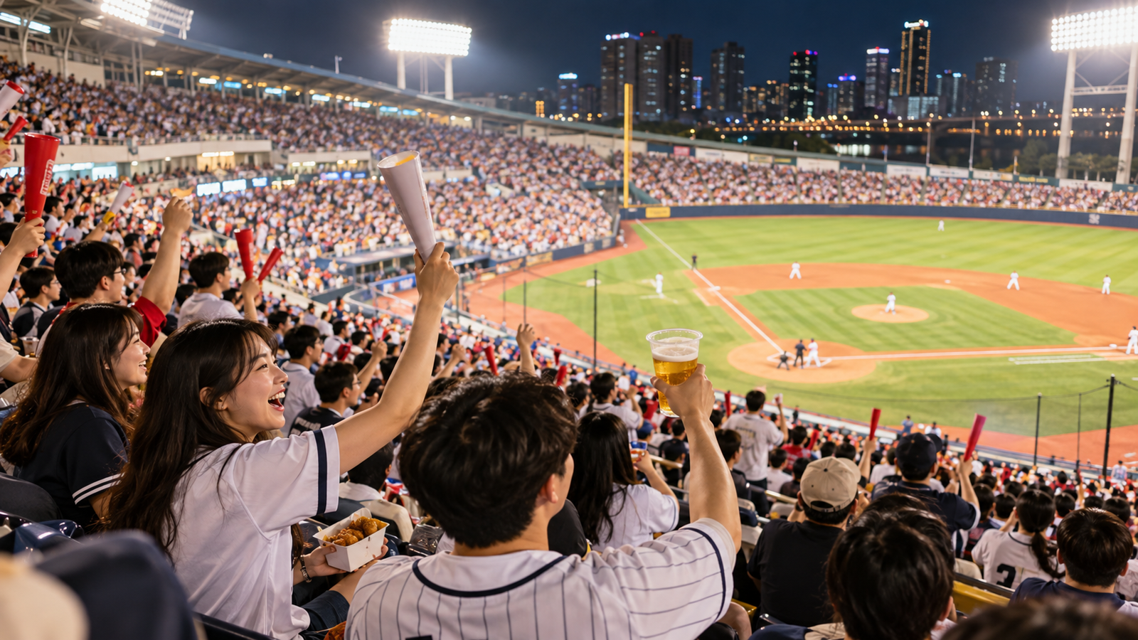 Fans cheering during a night baseball game at a stadium in South Korea