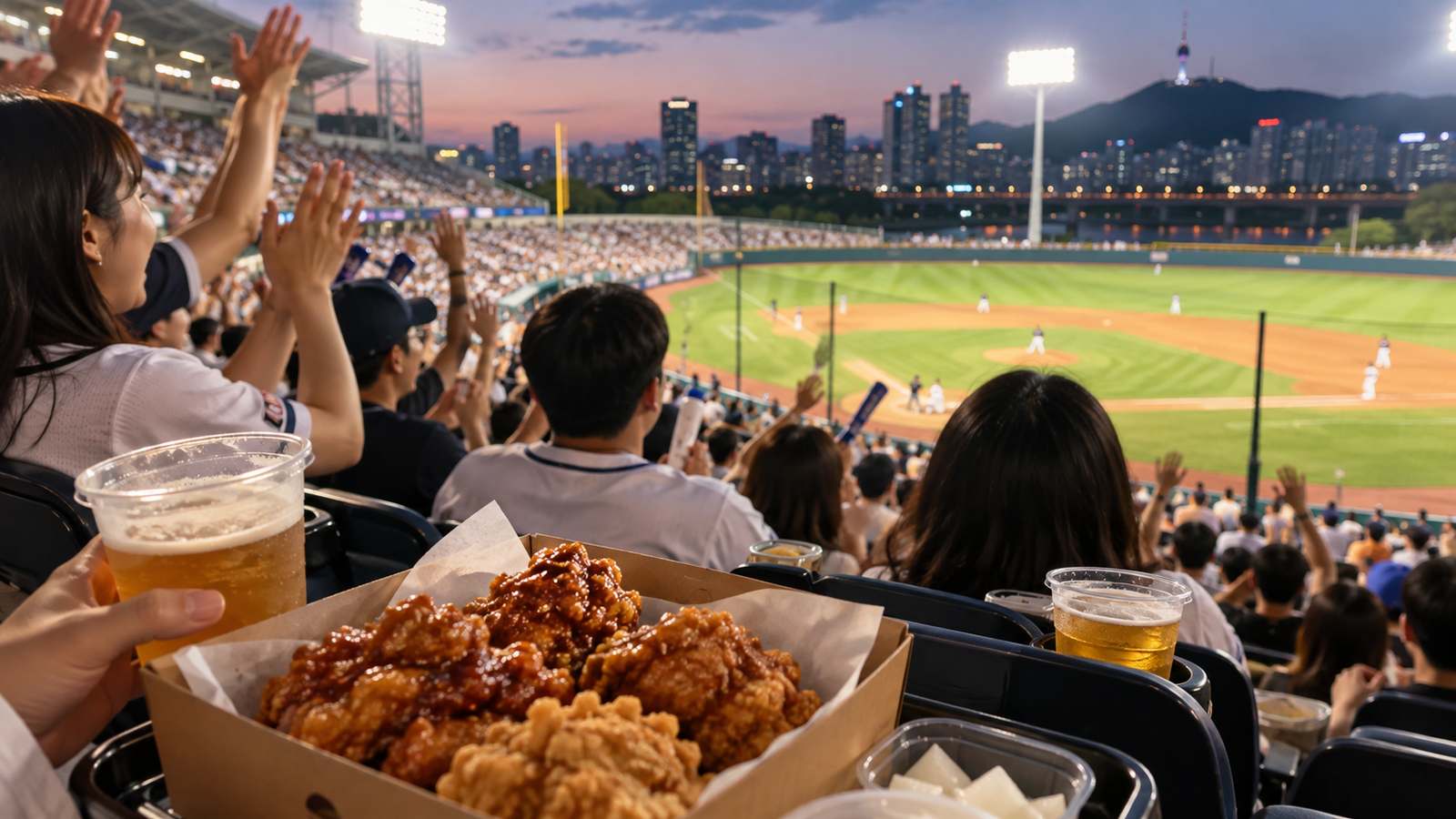 Fried chicken and beer with fans cheering at a Korean baseball stadium