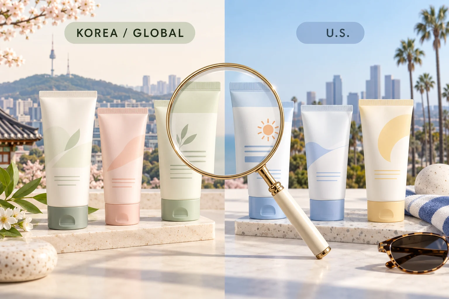 Generic sunscreen tubes comparing Korea/global and U.S. market versions under a magnifying glass